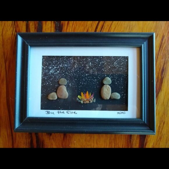 "By The Fire" Pebble Art by Mimi (5" x 7") Framed Wall Home Decor Gift Stone - Picture 1 of 1
